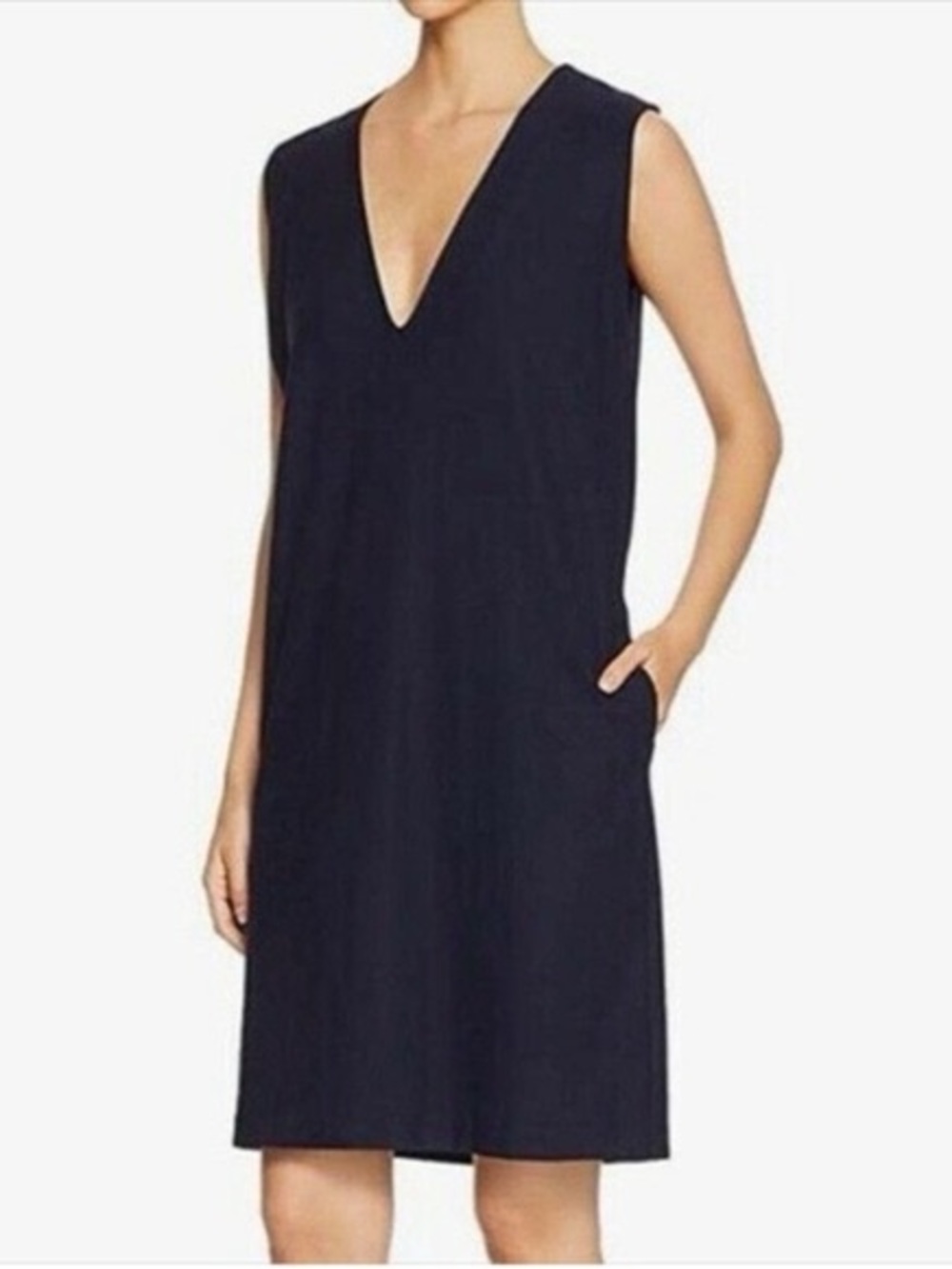 Eileen Fisher Crepe Navy V-Neck Dress Sz Medium